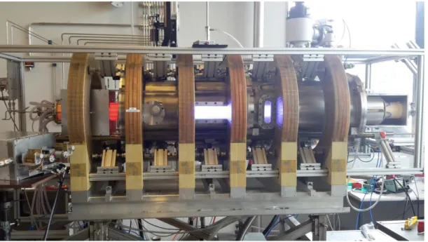 Figure  12  shows  the  experimental  set  up  with  the  main  elements;  the  helicon  antenna  [41-43]  is  axially  mounted  on  the  right  end  side  of  the  vacuum  chamber