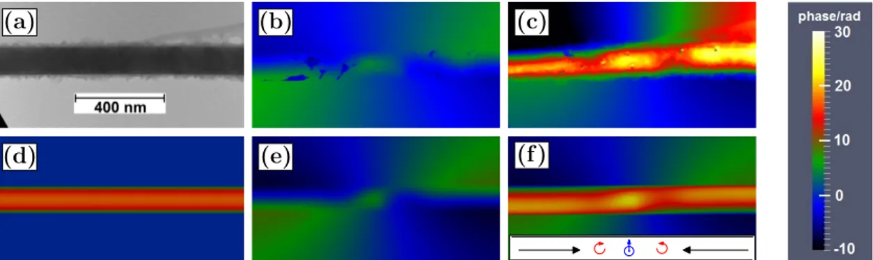 Figure 1. Electron holography. (a) hologram (wire+interference fringes); experimental phase maps: (b) magnetic only and (c) electrostatic+magnetic
