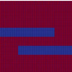 Figure 9: Cartesian Mesh with 40 × 1 × 80 cells of the domain Ω = (0, 800 m) × (0, 10 m) × (0, 800 m), the two barriers (in blue) and the drain zone (in red).