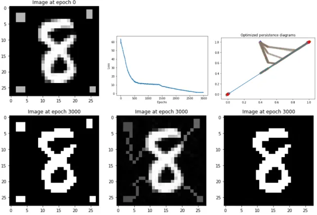 Figure 5: Image before (upper left) and after optimization for various penalties. When both T (I) and P(I) are used (lower right), we also show the corresponding loss function (upper middle) and the sequence of persistence diagrams (upper right) with blue 