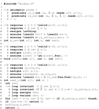 Figure 4 presents this principle as a design pattern composed of C code and ACSL an- an-notations, for the successor function next_z of a sequential generator in lexicographic order.