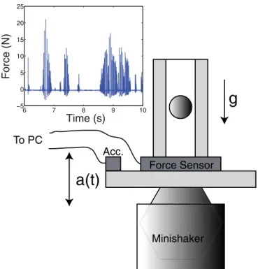 FIG. 1. (Color online) Experimental setup. Inset: Typical tempo- tempo-ral trace of the force signal for a steel ball (ball mass m = 8 g, restitution coefficient r = 0.923) at a given control acceleration  = 1.09.