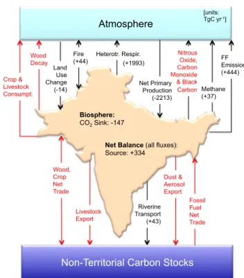 Fig. 6. Schematic diagram of major fluxes of CO 2 , CH 4 nitrous oxide (N 2 O) and related species in South Asia region
