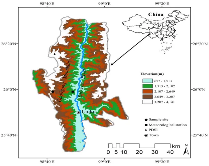 Fig. 1. Map showing the tree-ring sampling site and associated climate records in Gaoligong Mountain of northwestern Yunnan, China