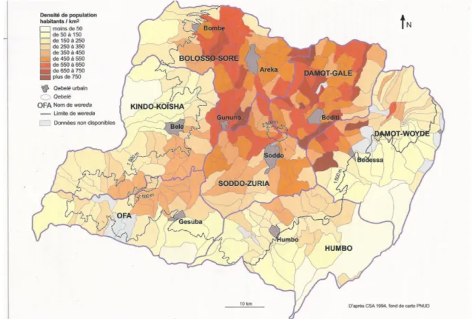 Illustration 2: Les wäradä du Wolaita et les densités de population en 1994