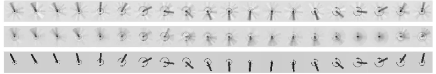 Fig. 4. Images of s t+1 for 20 consecutive time steps of a trajectory. (Top) Meanfield predictions from best learned model with SMcCD, t N = 5 and g = 5.