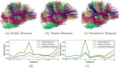 Fig. 2. Comparison of Scalar, Tensor and Geometric Demons. Top: Fibers of 11 subjects were overlapped after registering with: (a) Scalar Demons, (b) Tensor Demons, (c) Geometric Demons