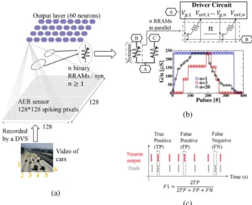 Fig. 4. (a) FCNN topology for cars tracking application, with stochastic STDP learning rule