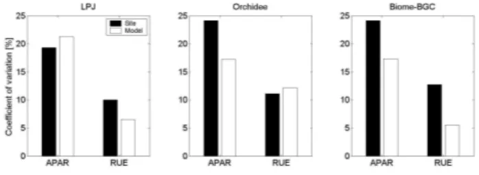 Fig. 6. Coefficient of variation (standard deviation/mean) of APAR and RUE for boreal and temperate coniferous forests based on site and modelled data