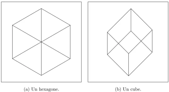 Fig. 1.11 – Un hexagone et un cube, deux projections possibles d’un mˆ eme cube. En effet sur le dessin de gauche nous voyons un hexagone et sur le dessin de droite nous voyons une vue en perspective d’un cube