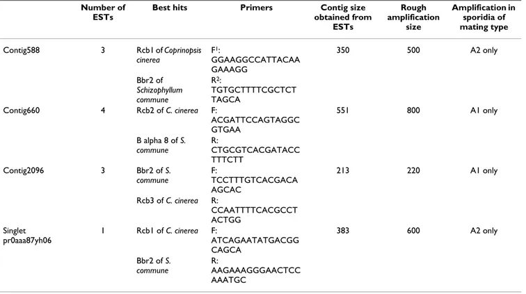 Table 2: Unisequences of Microbotryum violaceum blasting against pheromone receptors. For each of the four unisequences  significantly blasting against pheromone receptors: best hits, primer designed for PCR amplification, expected size from the EST  seque