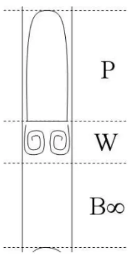 Fig. 1. Schematic principle of the model (Brauner and Ullmann, 2004). Three flow regions are considered: the Taylor bubble gas pocket (P ), the near wake zone in the liquid slug (W ) and the developed liquid slug region (B ∞ ).