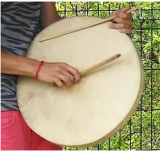 Figure 1 : Technique de jeu du tambour malbar. Saint-Paul, 2014. Photo : SFP 