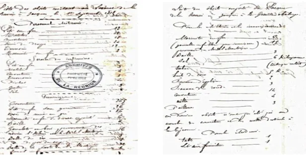 Figure 7 : « Liste des objets entrant au Lazaret de la Ravine à Jacques le 1 er  septembre  1858 50  » (à gauche) et « emportés du Lazaret de la Ravine à Jacques à la Grande 