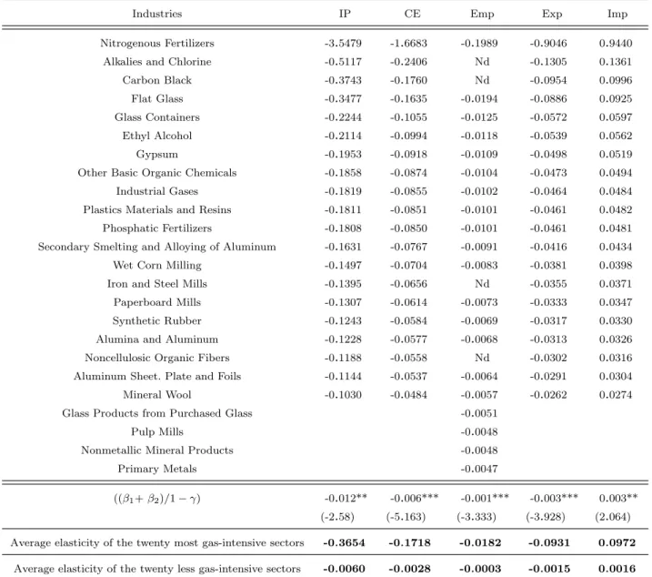 Table 1.2: Long-term elasticity for the 20 most gas-intensive sectors (total gas consumption)