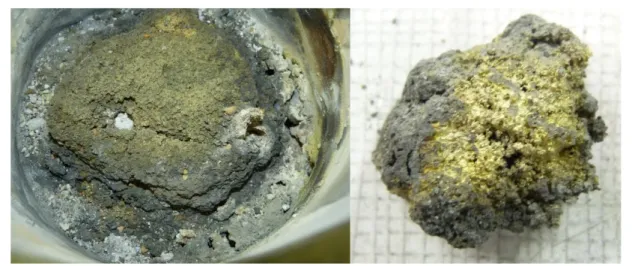 Figure 5: Left: Top-view of the in-vessel fuel debris simulant Right: sample for analysis 