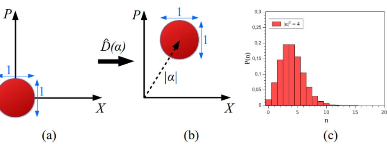 Figure 2.2. – a,b) Repr´esentation dans l’espace des phases de l’´evolution d’un ´etat de vide quantique (a), | 0 i , en un ´etat coh´erent (b), | α i , par application de l’op´erateur d´eplacement.