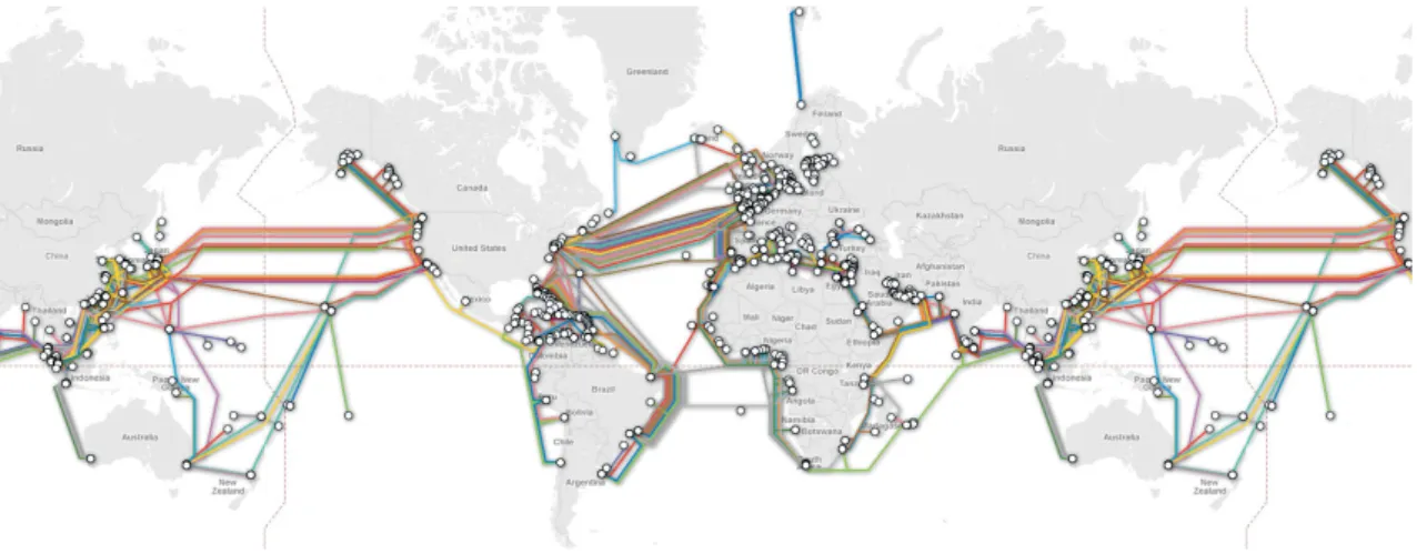 Figure 1.3: Fast digital connectivity across ﬁ ve continents via undersea ﬁ ber optical net- net-works.