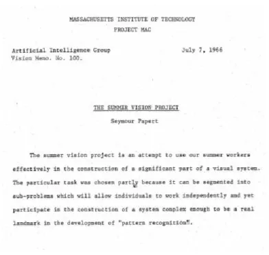 Figure 1.1: The first page of the MIT summer vision project in 1966 describing the assign- assign-ments and goals of the project.