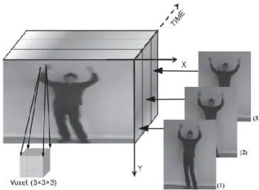 Figure 2.2: Shows the procedure of computing a Local Binary Pattern volume of "Waving"