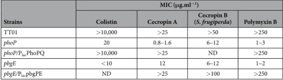 Table 1.  MICs *  of four CAMPs for the P. luminescens strains.  * MICs were determined by culturing bacterial  strains for 48 h with various concentrations of insect (cecropins) and non-insect CAMPs (colistin and  polymyxin B)
