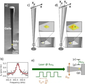 Figure 1: Principle. a, Scanning electron microscope image of the GaAs photonic wire. b, Brownian motion of the wire at cryostat temperature of T = 5 K (microwire temperature T = 25 K, see SI) measured with a probe laser intensity P = 100 µ W as in the exp