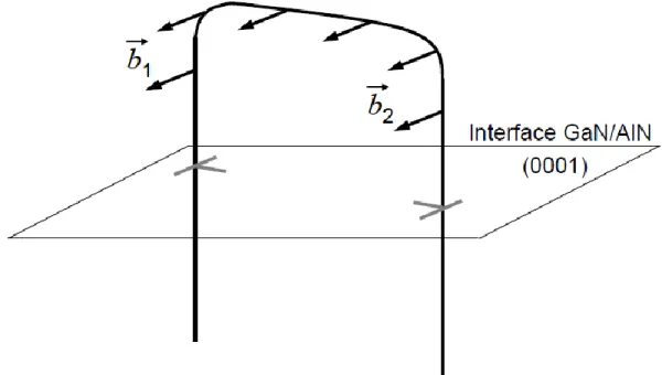 Figure  1.12 – Demi-boucle  de dislocations  formée  à partir  de deux  dislocations  traversantes  de  type  coin  [49]