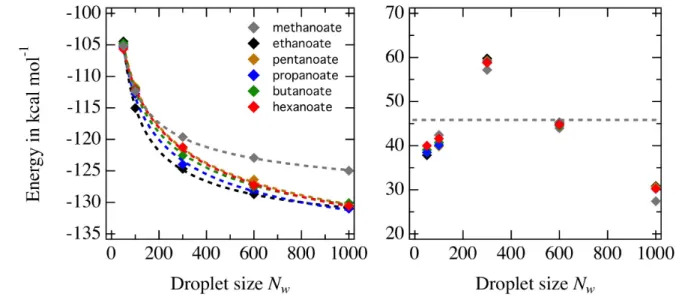 FIG. 9. Mean ion/water interaction (left) and water destabilization (right) energies as a func-