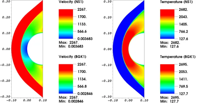 Figure 3: Non vibrating air: velocity and temperature fields (Top: NS1, bottom: BGK1)