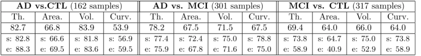 Table 4: SVM scores in the right hemisphere (RH) for the 2-bins histograms