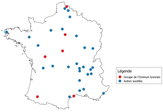 Figure 3.2 – Lieu d’exploitation des sociétés lyonnaises de tramways cotées à la Bourse de Lyon en 1899