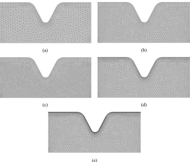 Figure 5: Images of the meshes used for the mesh and time step independency study: (a) Mesh 1, (b) Mesh 2, (c)  Mesh 3, (d) Mesh 4, (e) Mesh 5
