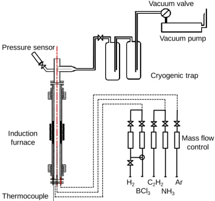Figure 2: CVD reactor used for the deposition of the B x C y N z  coatings 