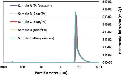 Figure 3: Pore-size distribution of silicon carbide powder compacts samples A, B, C, D, and E 