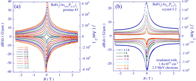 Figure 9. (a) Hysteretic loops of the local flux density gradient versus local induction B, measured on the surface of a pristine BaFe 2 (As 0.67 P 0.33 ) 2 single crystal, at various temperatures (indicated)