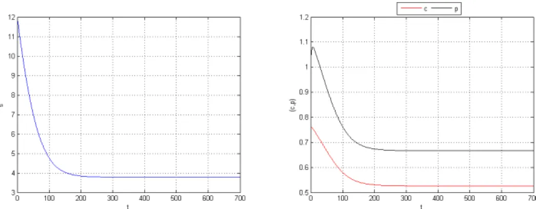 Figure 2.3.1: Simulation of system 2.3.2 taking these parameter values k −2 = 0.2, k −1 = 0.3, k 1 = 0.2, k 2 = 0.5, E 0 = 1, k = 0.3, u = 0.2, s 0 = 12, c 0 = 0.8, p 0 = 1,