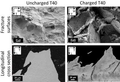 Figure 4: SEM observations of fracture surfaces in SE mode (on top) and longitudinal cross sections in BSE  (at the bottom) of T40 uncharged (on the left) and charged (on the right) specimens after test at 20 °C