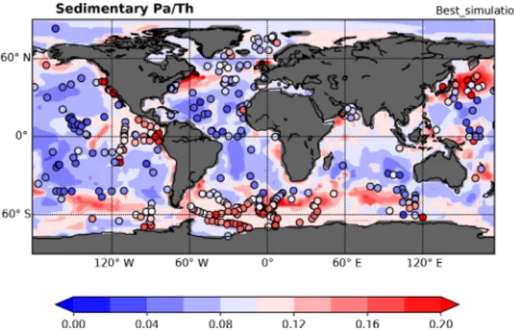 Figure 1. Map showing the particulate 231 Pa/ 230 Th activity ratio of the deepest model ocean grid cells