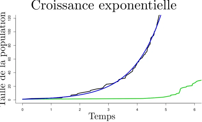 Figure II.7 Solution du modèle déterministe à croissance exponentielle avec un taux de croissance constant r = 1 et une condition initiale x(0) = 1 (courbe bleue)