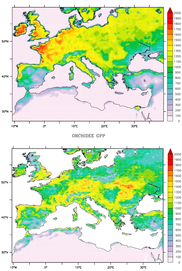 Figure 3. Comparison of annual GPP as simulated by ORCHIDEE in the coupled model and the reference GPP (MTE-GPP).