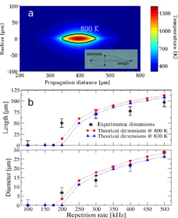 Figure 1: (a) Theoretically predicted thermal map and ex- ex-perimental structure induced by a train of 500 laser pulses at 500 kHz repetition rate (RR) and with an incident  en-ergy of 1.3 µJ per pulse