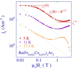 Fig. 2. Field-dependence of the critical current density j c ∼ 3M/a (with a the crystal width), as extracted from Fig