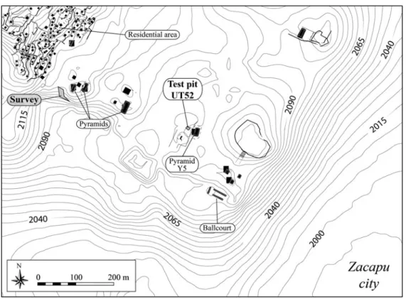 Figure 3. Location of test pit UT52 and the prospected plot at the site of El Palacio, which yielded the analyzed sherds.