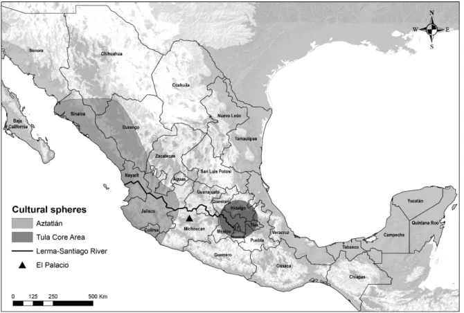 Figure 1. Location of El Palacio in Northern Michoacán and the two large Early Postclassic  cultural spheres of Aztatlán and Tula