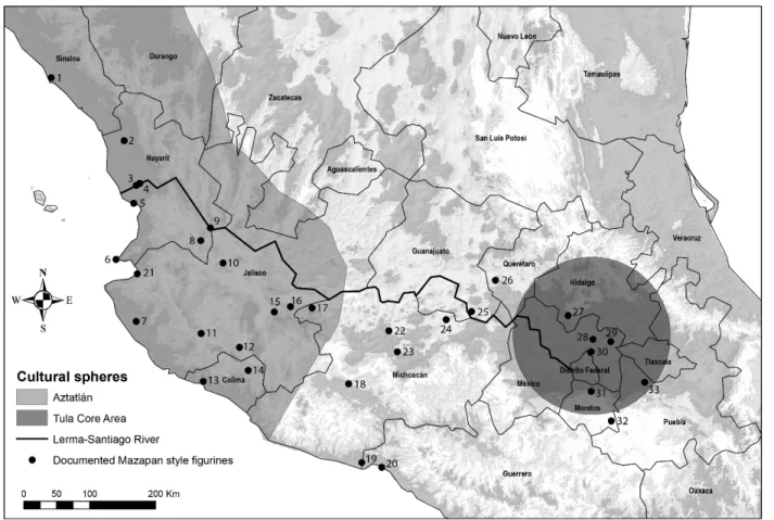 Figure 2.  Locations of published Mazapan style figurines in Central and West Mexico: 