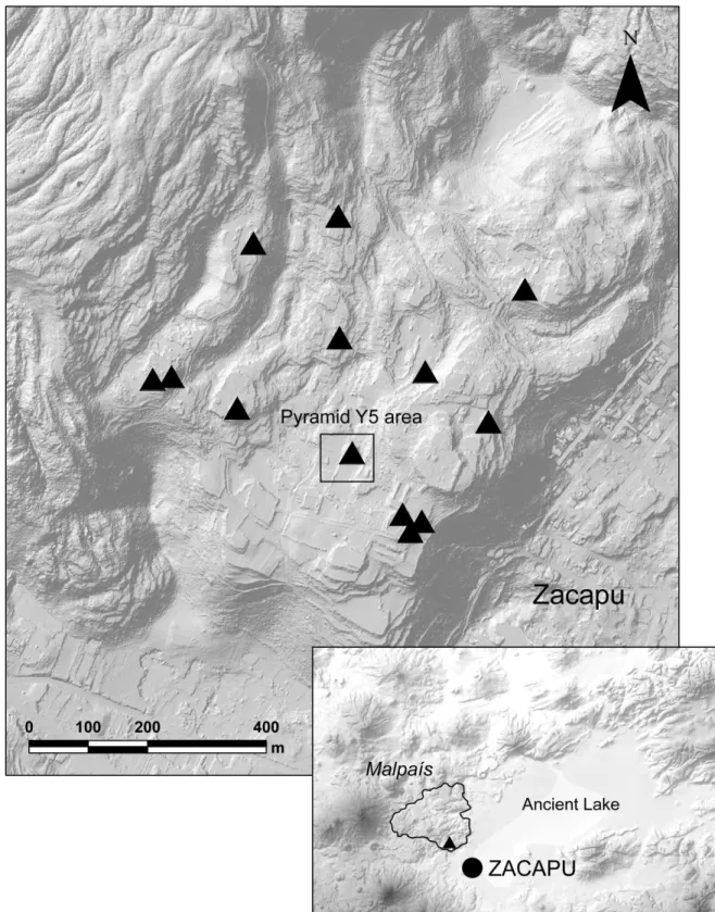 Figure 4. Location of El Palacio and the excavated area in the Basin of Zacapu. Map M