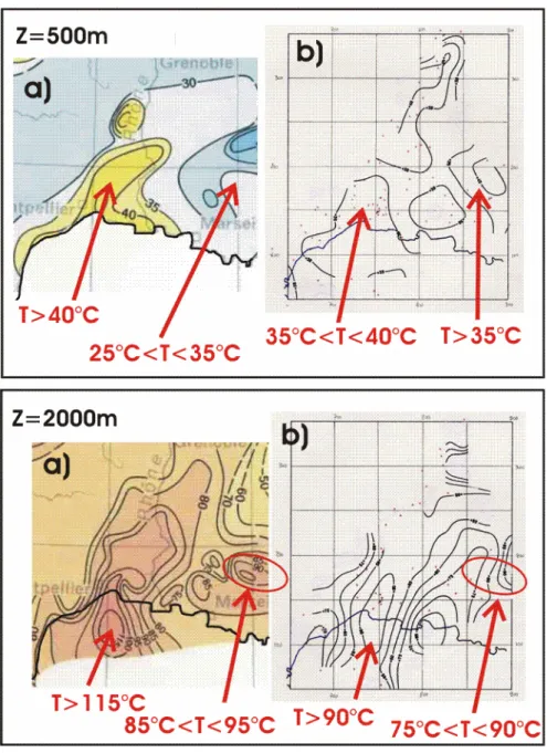 Figure  1-2 :  Températures  profondes  du  Bassin  du  Sud-Est  à  500  et  2000m  de  profondeur  d’après  a)  Haenel et al., 1980 et b) Lucazeau et al., 1985)