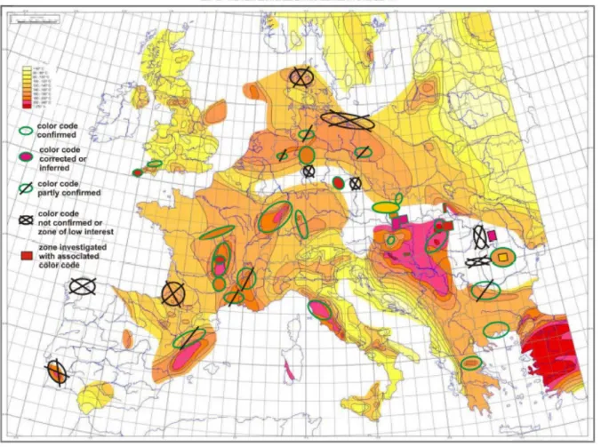 Figure  1-8  :  Analyse  critique  des  zones  chaudes  en  Europe  à  5km  de  profondeur  (Genter  et  al.,  2003)