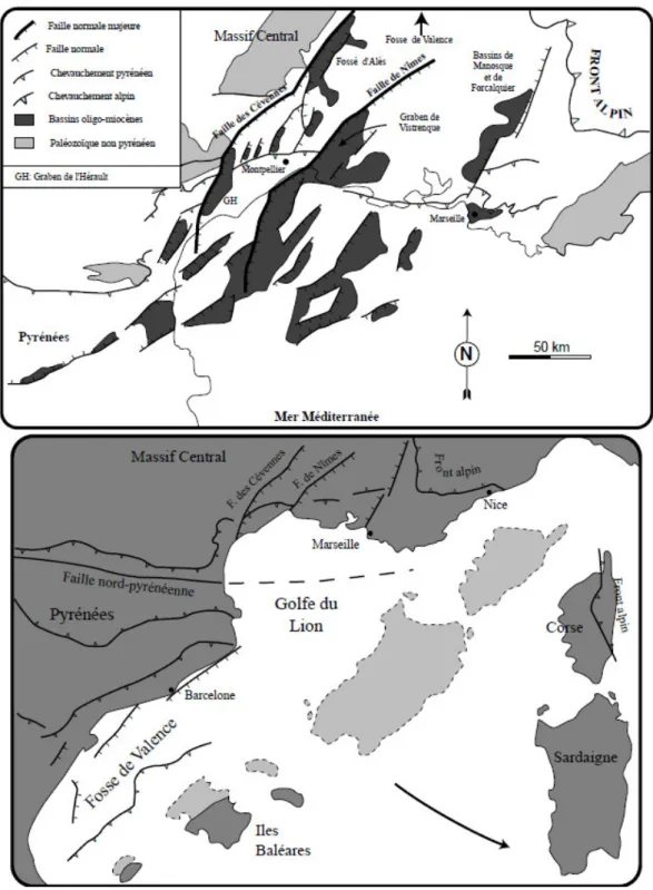 Figure 3-3 : Carte des bassins du rift NO méditerranéen au niveau du SE de la France et du Golfe du Lion  