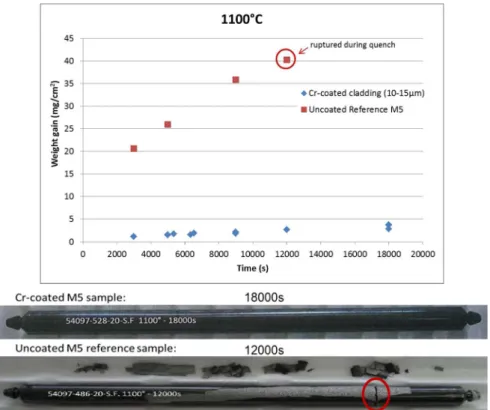 Fig 2.  Comparison of the HT steam oxidation kinetics at 1100°C of Cr-coated and uncoated M5  cladding samples and the visual aspect after quench  